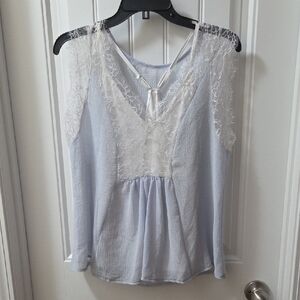 Lace-Trim V-Neck Light Blue Women's Top